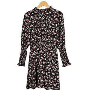 Floral Mock Neck Dress Blouson Poof Sleeve Elastic Waist Black Pink - M